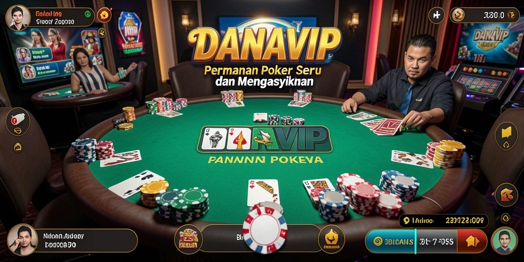 Screenshot utama DANAVIP menampilkan gameplay Poker yang menegangkan dan seru.