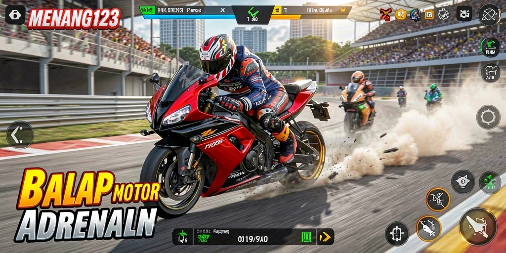 Tampilan gameplay mendebarkan dari MENANG123 dengan balapan motor yang seru.