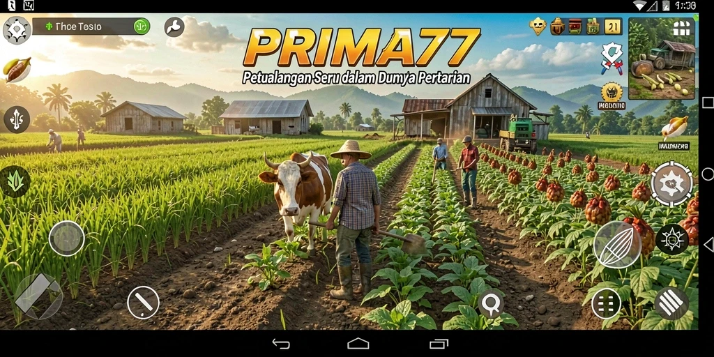 Tampilan gameplay seru dari PRIMA77 dengan aktivitas bertani.