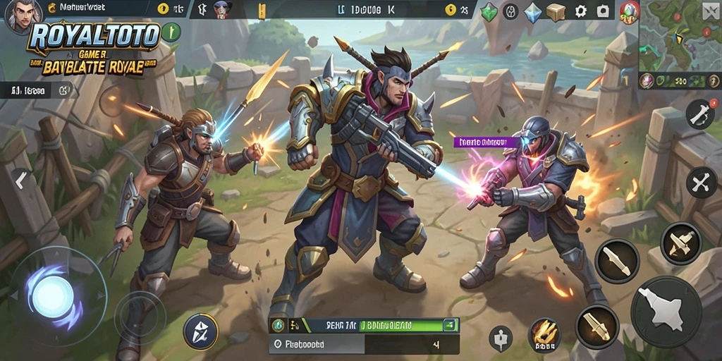 Screenshot gameplay ROYALTOTO yang menampilkan aksi pertempuran Battle Royale.