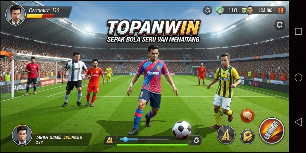 Screenshot gameplay TOPANWIN menampilkan para pemain beraksi di lapangan sepak bola.